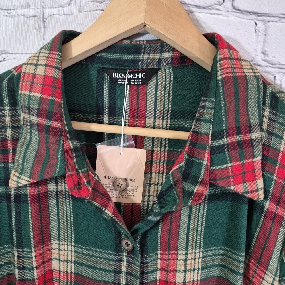 BloomChic Green Red Plaid Flannel‎ Button Front Shirt Dress Plus Sz 18-20 New - Picture 4 of 13